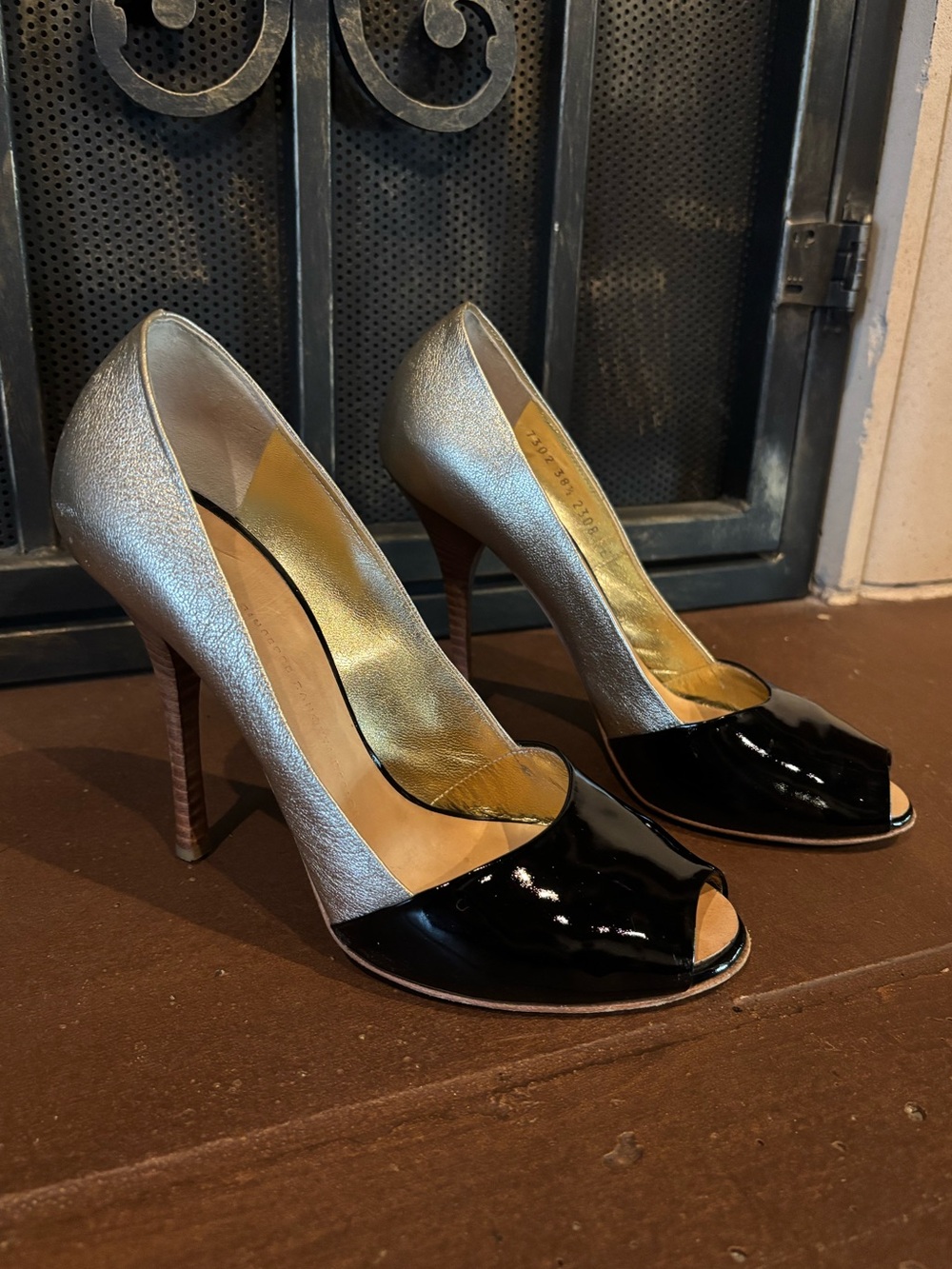 Giuseppe Zanotti Design Metallic Gold & Black Peep-Toe Stiletto Pumps